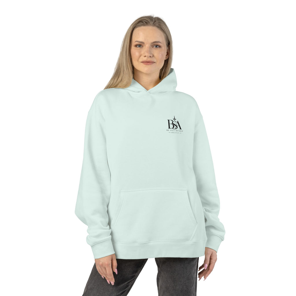 Relaxed Hoodie with Tiny Mountain Patch – Minimal Cozy Outdoor Graphic Hoodie