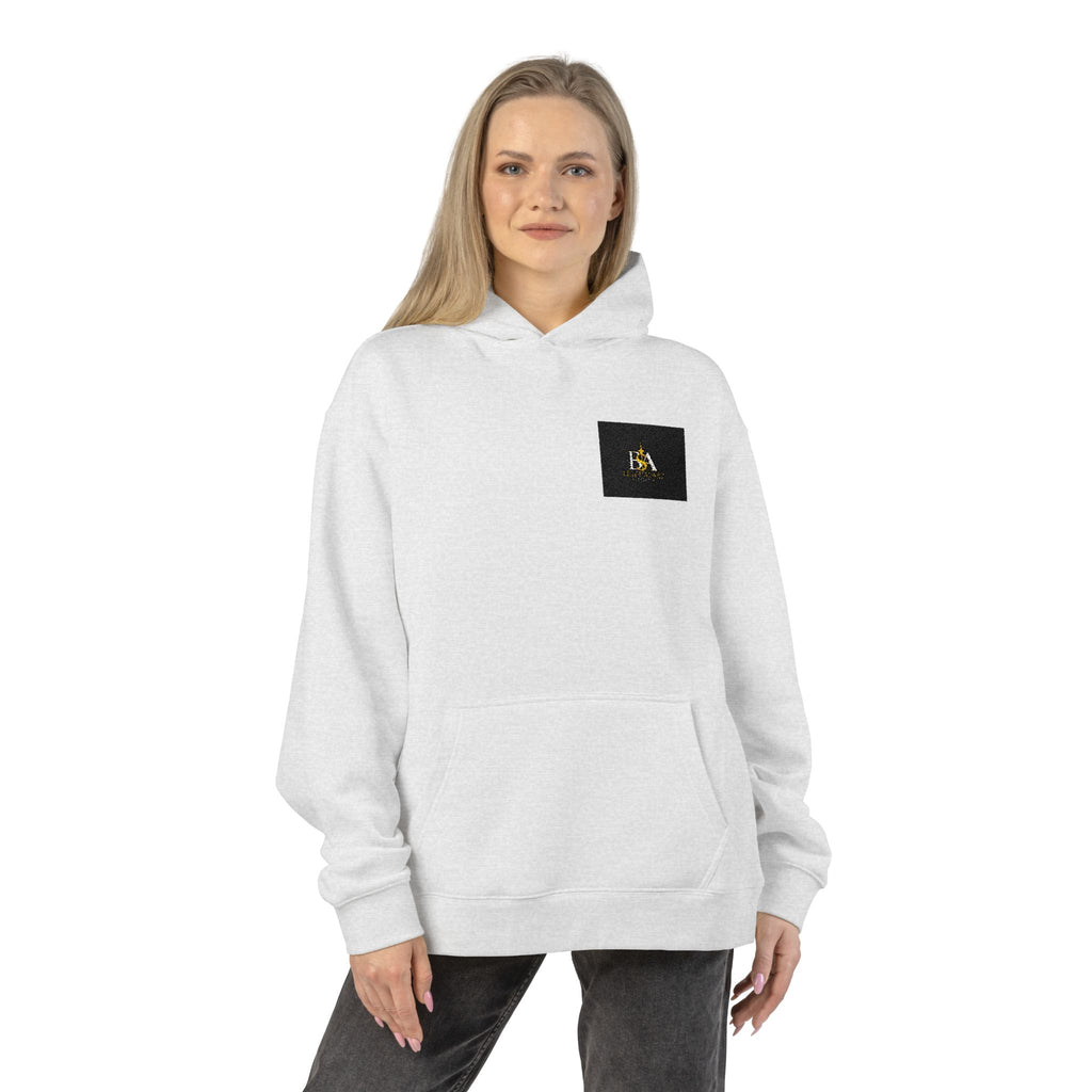 Relaxed Hoodie with Tiny Mountain Patch – Minimal Cozy Outdoor Graphic Hoodie