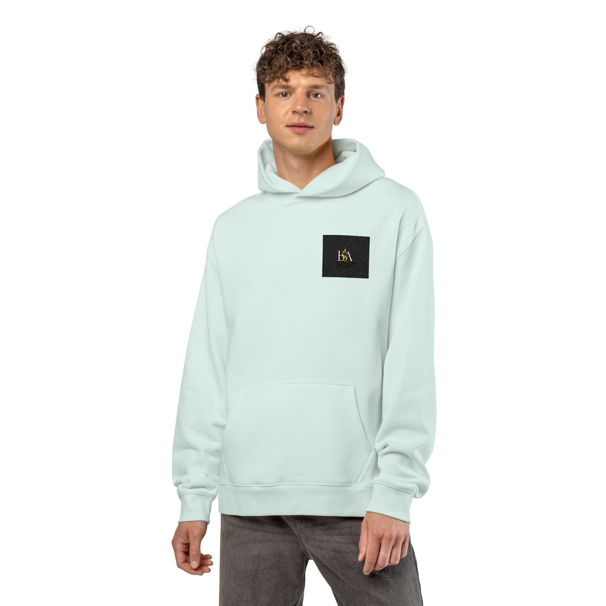 Relaxed Hoodie with Tiny Mountain Patch – Minimal Cozy Outdoor Graphic Hoodie