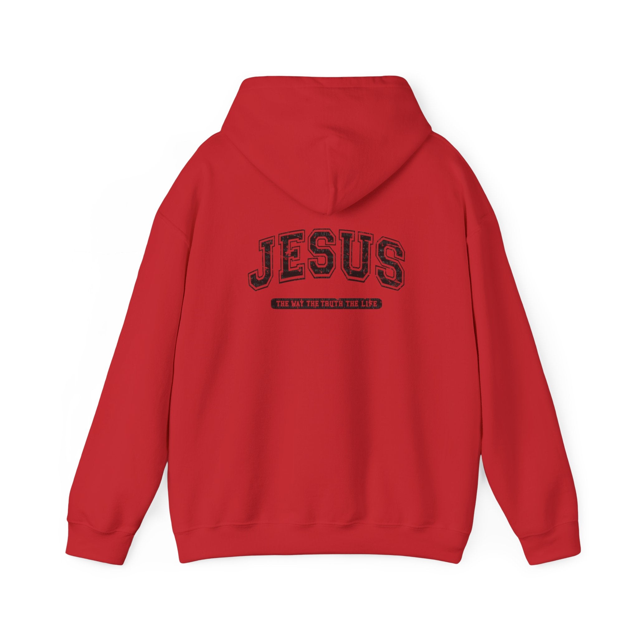 Jesus Cross Hoodie — Vintage Collegiate Faith Sweatshirt (Back: JESUS, Front Cross)