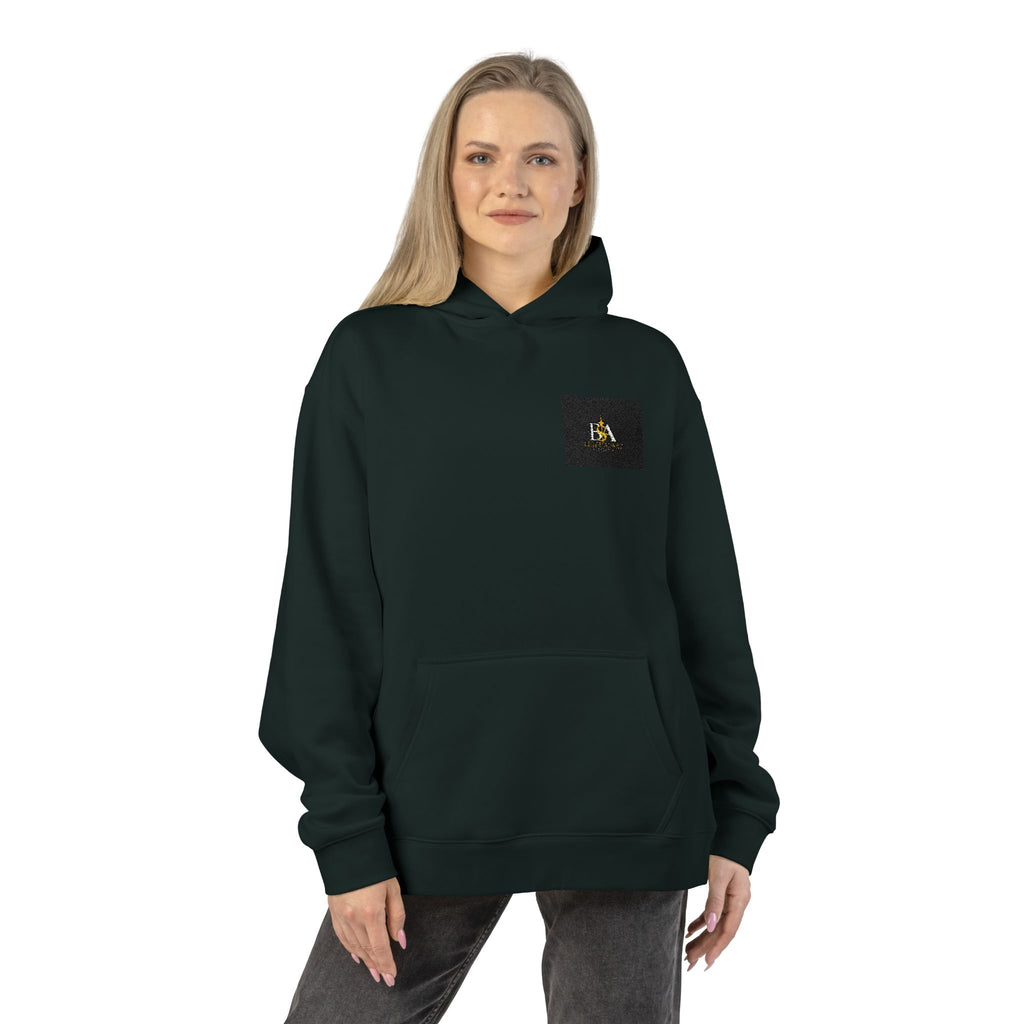 Relaxed Hoodie with Tiny Mountain Patch – Minimal Cozy Outdoor Graphic Hoodie