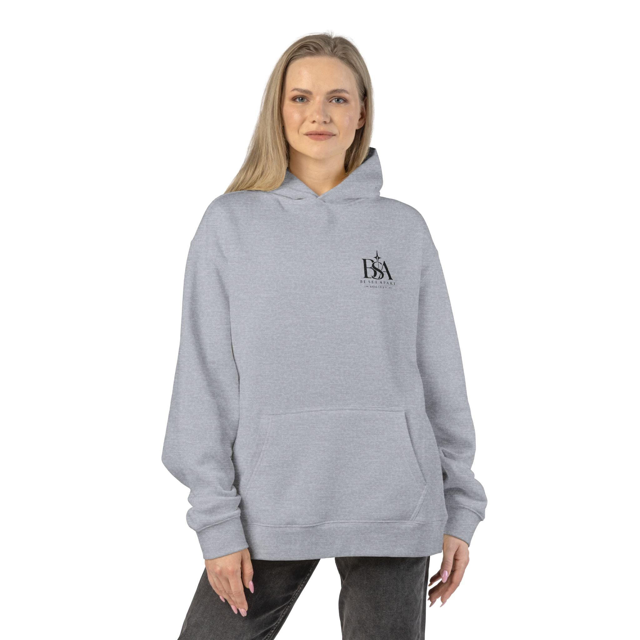 Relaxed Hoodie with Tiny Mountain Patch – Minimal Cozy Outdoor Graphic Hoodie