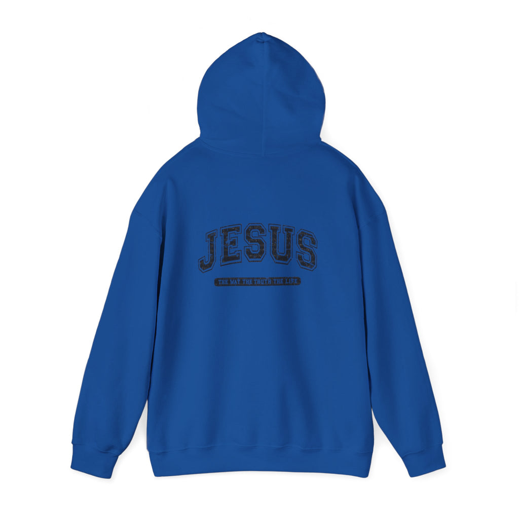 Jesus Cross Hoodie — Vintage Collegiate Faith Sweatshirt (Back: JESUS, Front Cross)