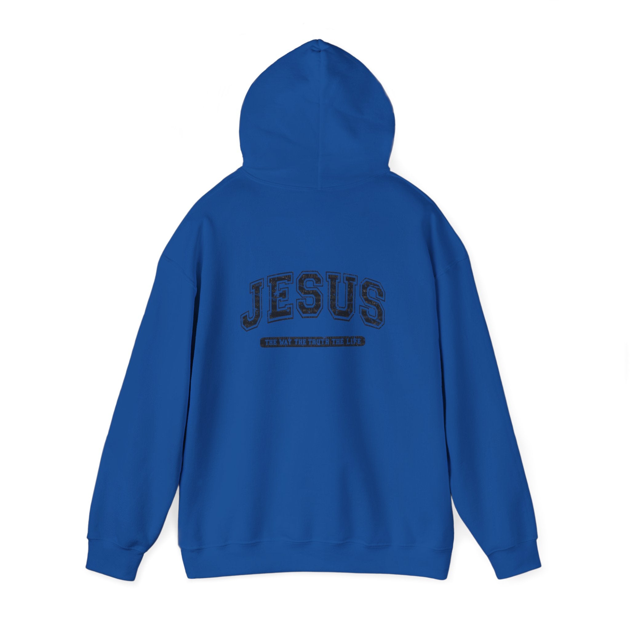 Jesus Cross Hoodie — Vintage Collegiate Faith Sweatshirt (Back: JESUS, Front Cross)