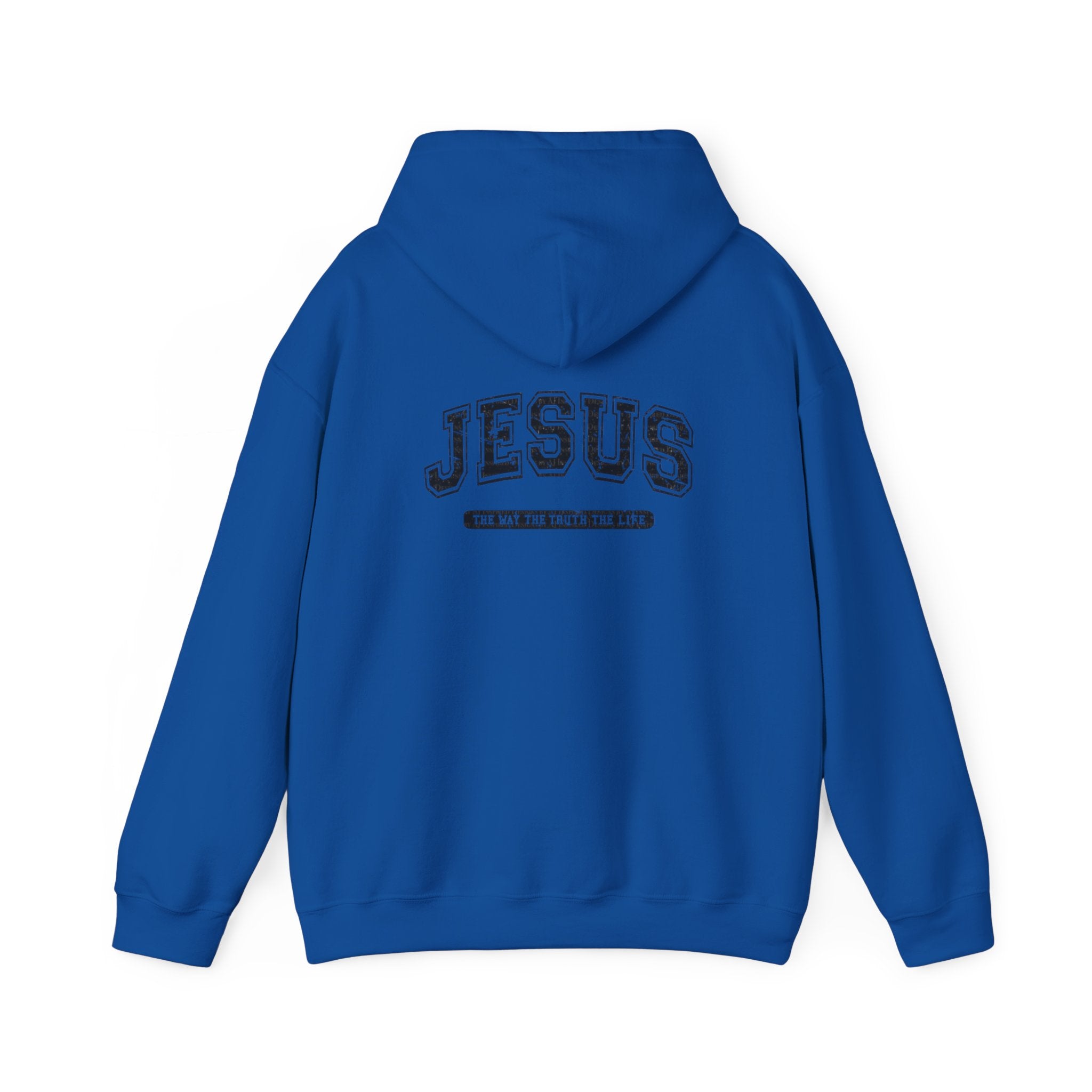 Jesus Cross Hoodie — Vintage Collegiate Faith Sweatshirt (Back: JESUS, Front Cross)