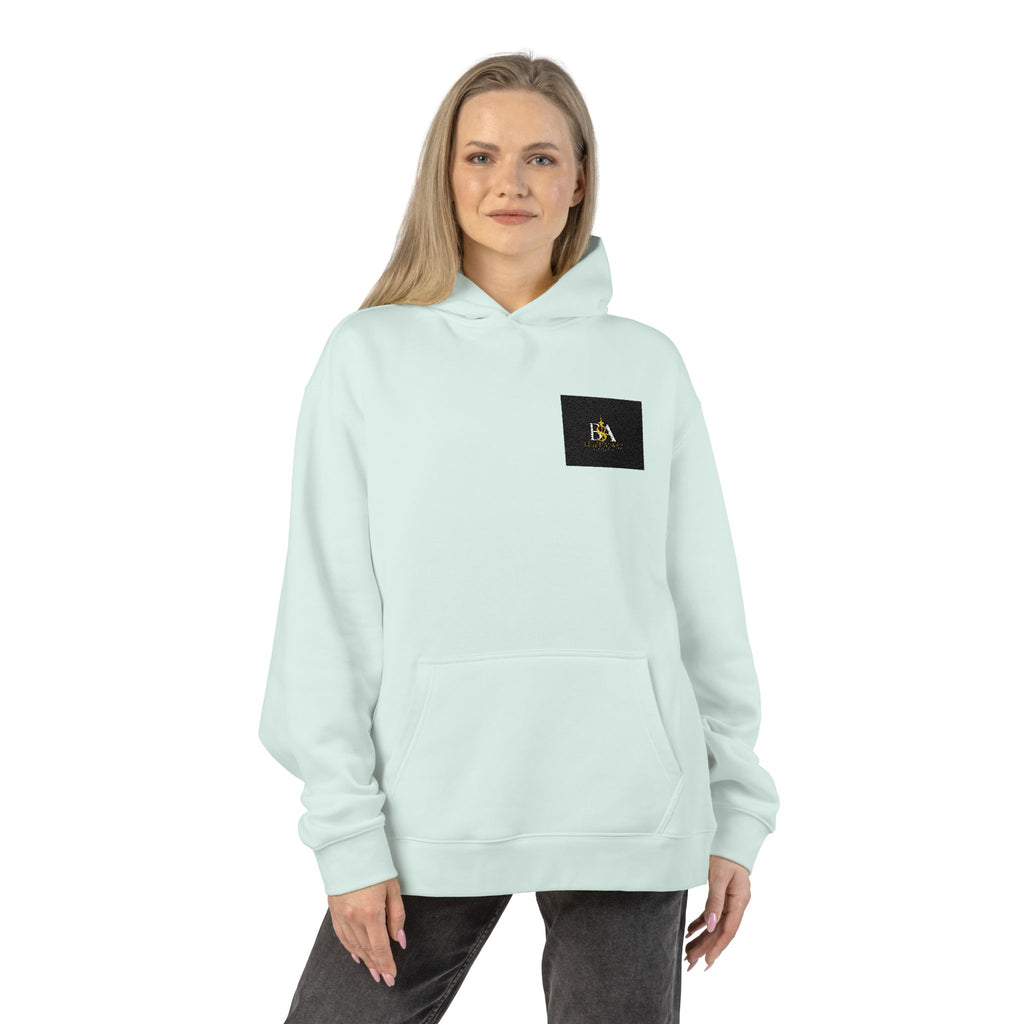 Relaxed Hoodie with Tiny Mountain Patch – Minimal Cozy Outdoor Graphic Hoodie
