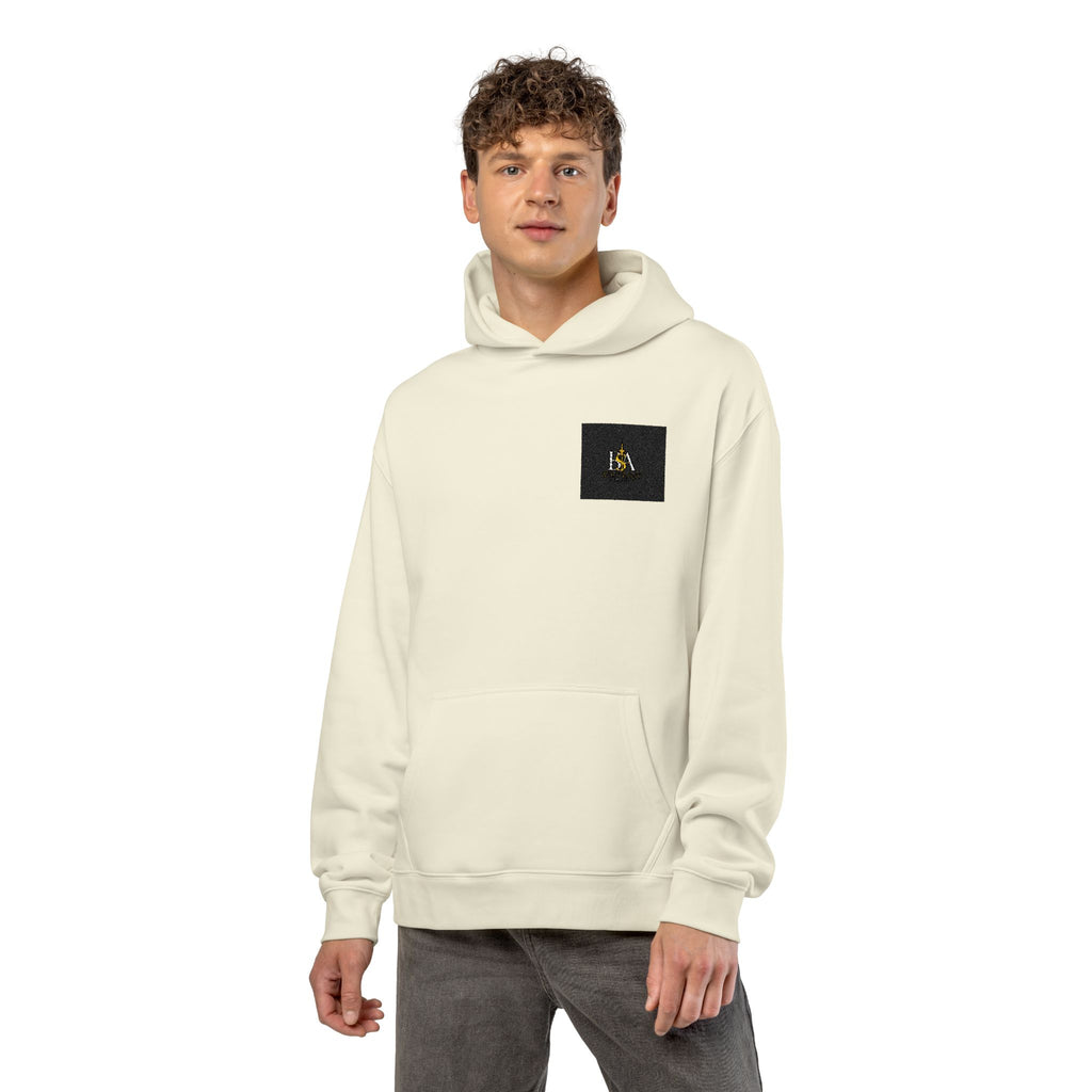 Relaxed Hoodie with Tiny Mountain Patch – Minimal Cozy Outdoor Graphic Hoodie