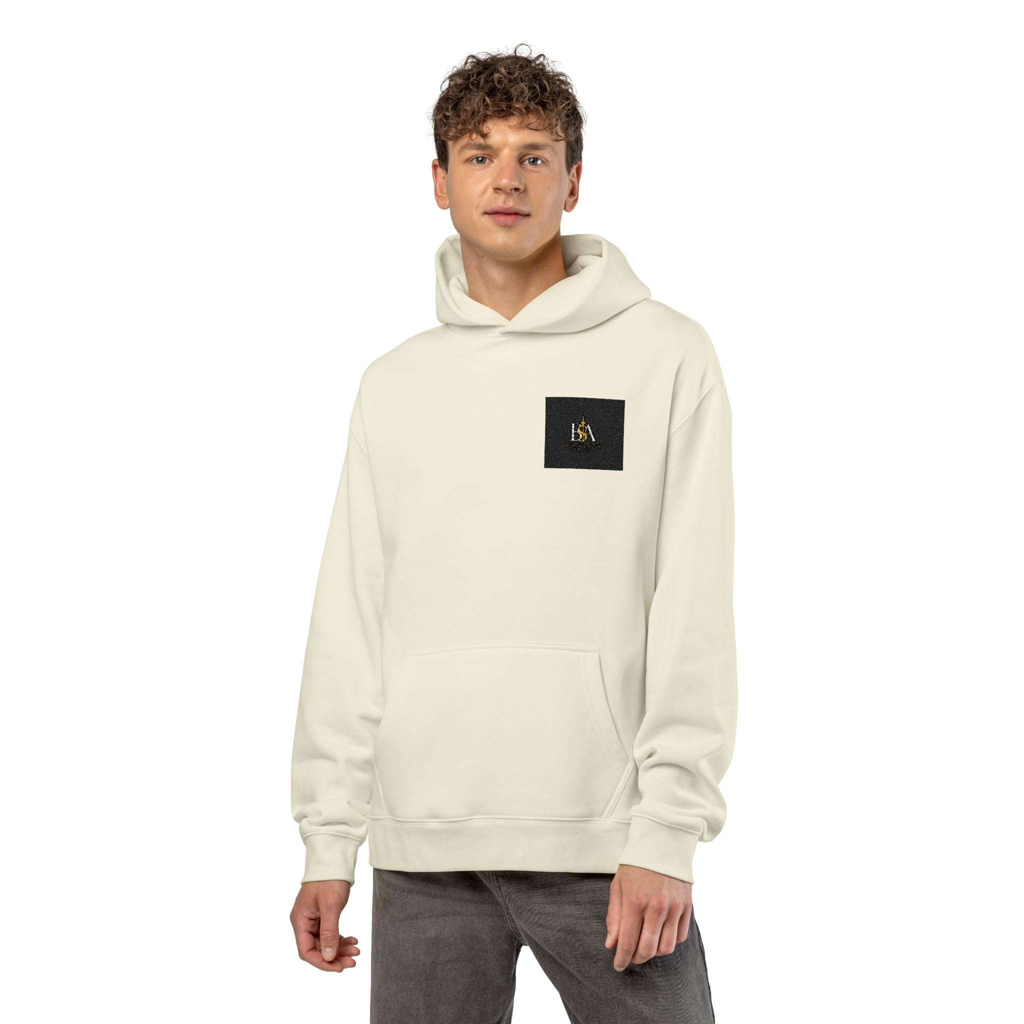 Relaxed Hoodie with Tiny Mountain Patch – Minimal Cozy Outdoor Graphic Hoodie