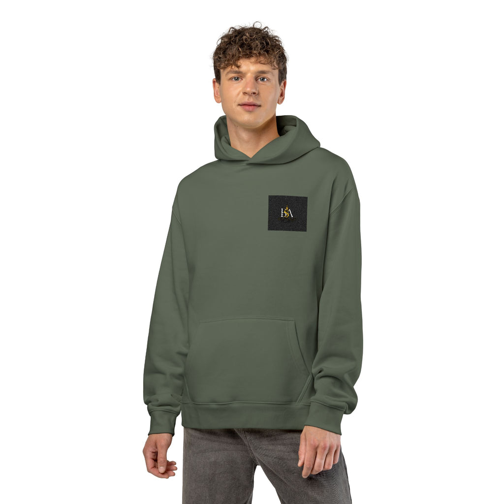 Relaxed Hoodie with Tiny Mountain Patch – Minimal Cozy Outdoor Graphic Hoodie