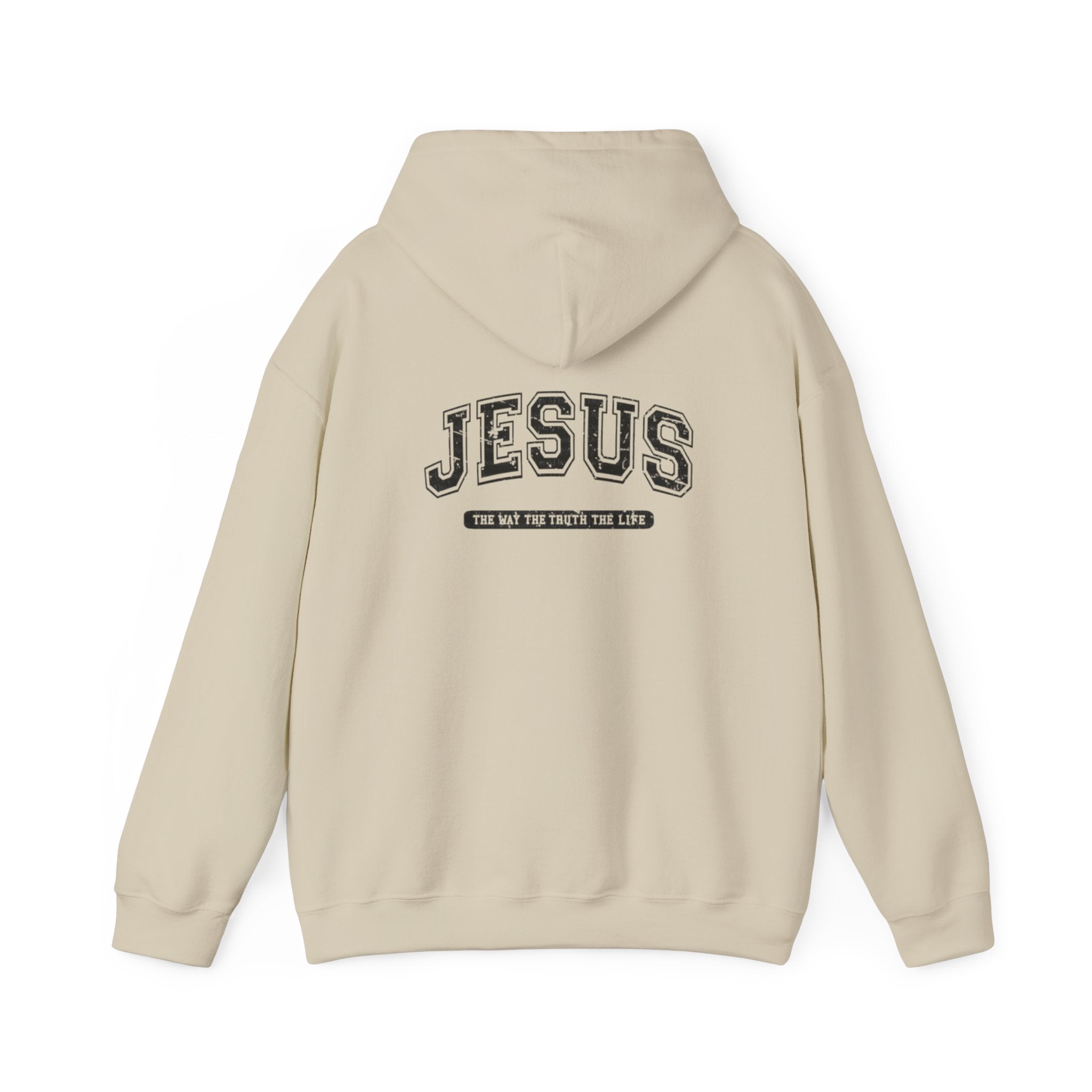 Jesus Cross Hoodie — Vintage Collegiate Faith Sweatshirt (Back: JESUS, Front Cross)