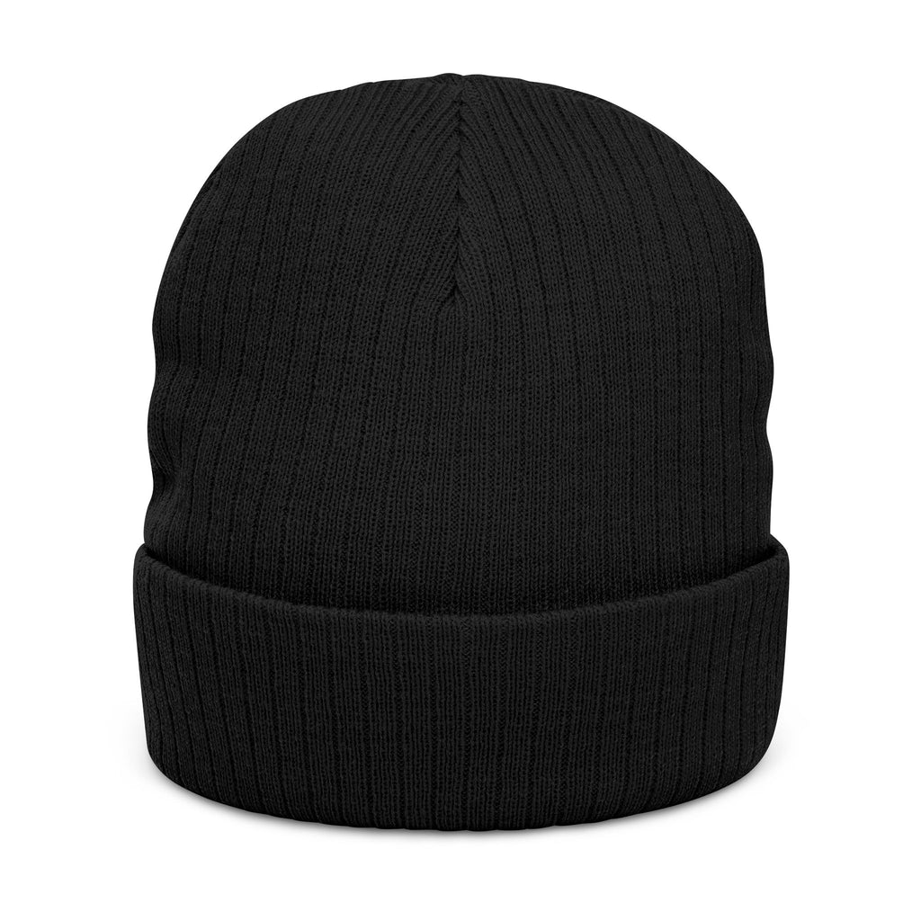 Embroidered Ribbed Beanie — Black Heavy Metal Logo Knit Hat