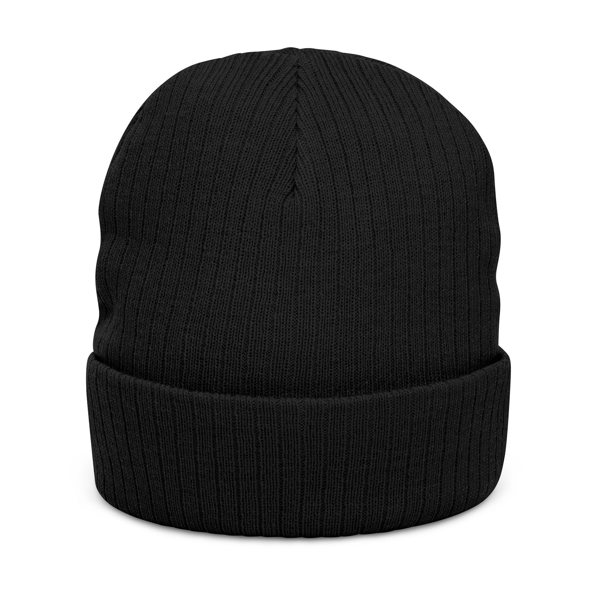 Embroidered Ribbed Beanie — Black Heavy Metal Logo Knit Hat
