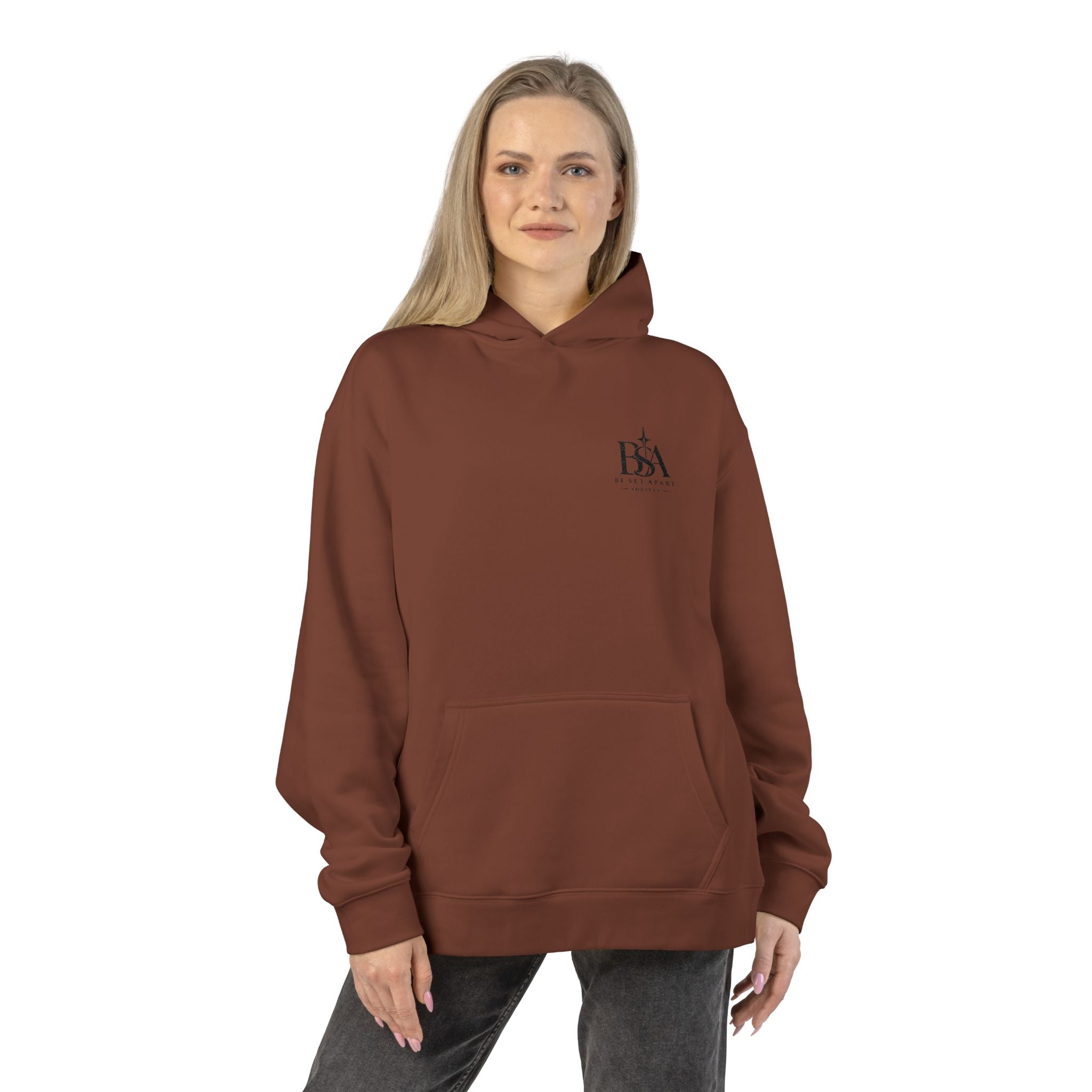Relaxed Hoodie with Tiny Mountain Patch – Minimal Cozy Outdoor Graphic Hoodie