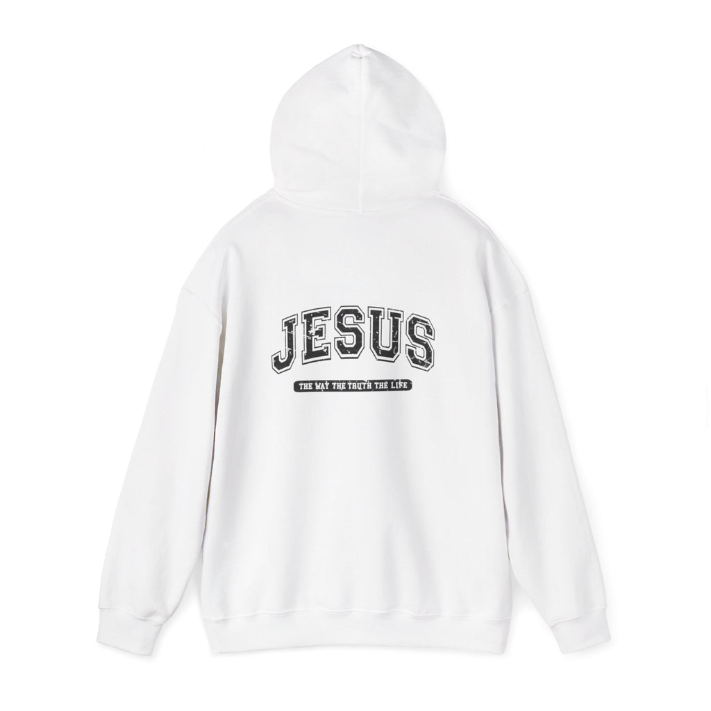 Jesus Cross Hoodie — Vintage Collegiate Faith Sweatshirt (Back: JESUS, Front Cross)