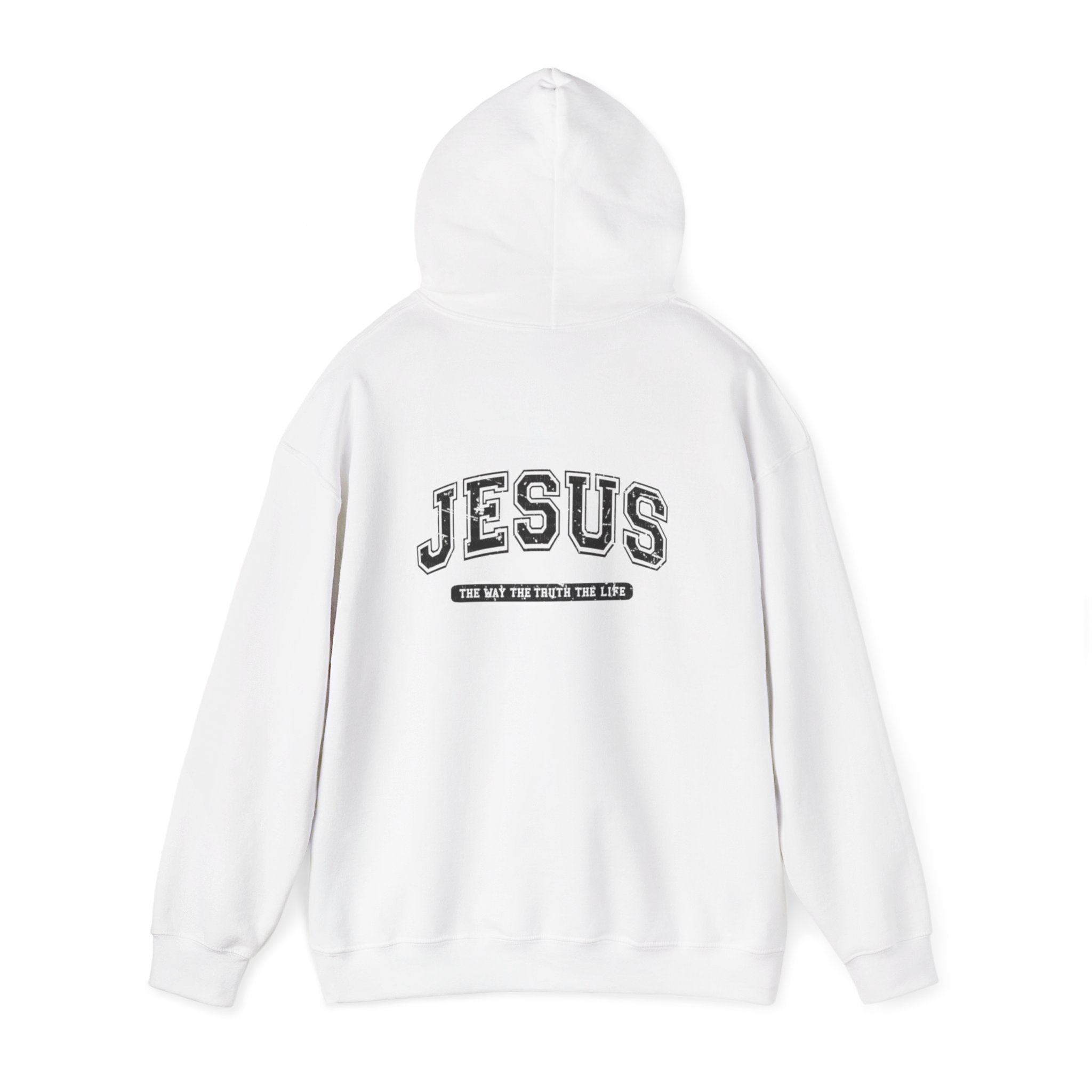 Jesus Cross Hoodie — Vintage Collegiate Faith Sweatshirt (Back: JESUS, Front Cross)