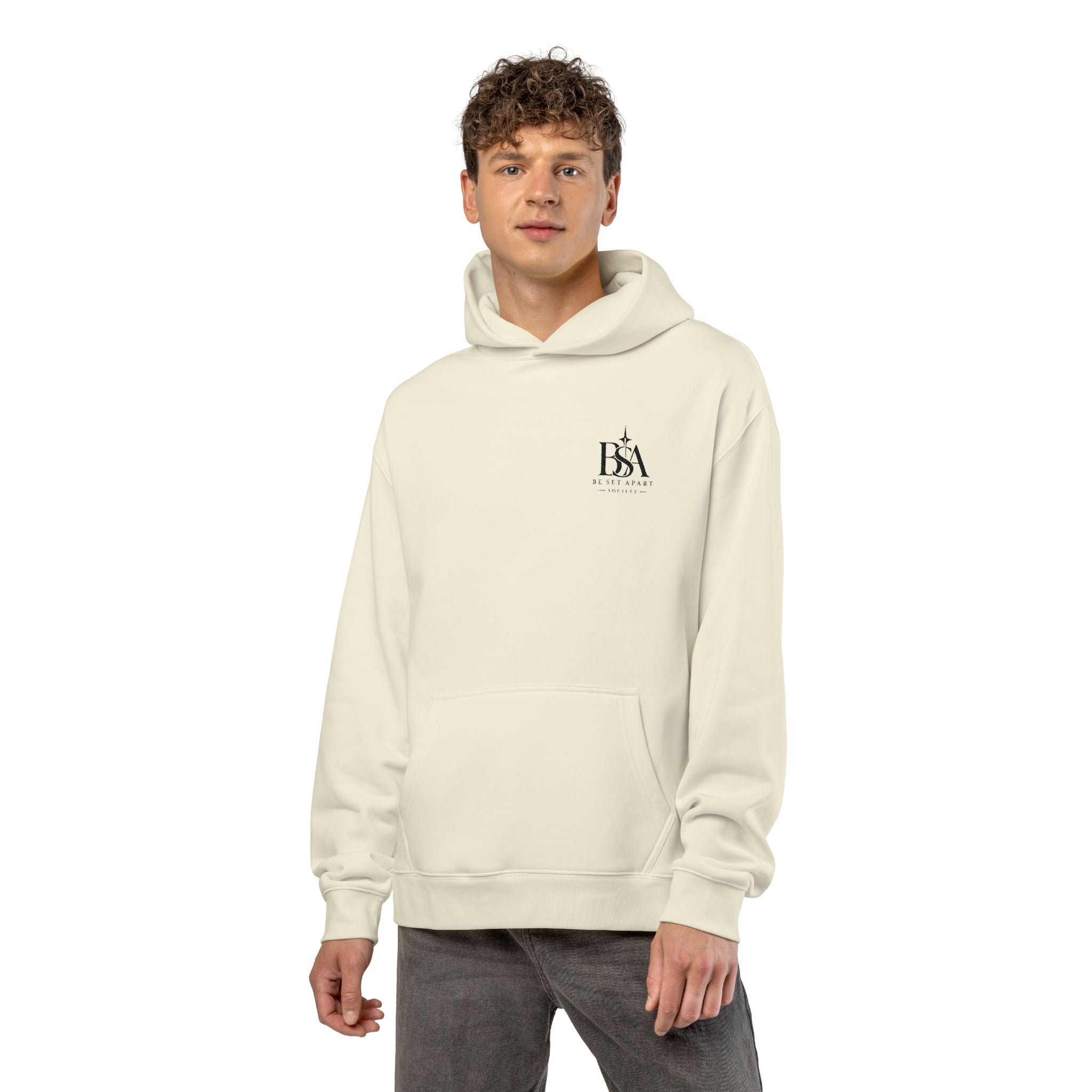 Relaxed Hoodie with Tiny Mountain Patch – Minimal Cozy Outdoor Graphic Hoodie