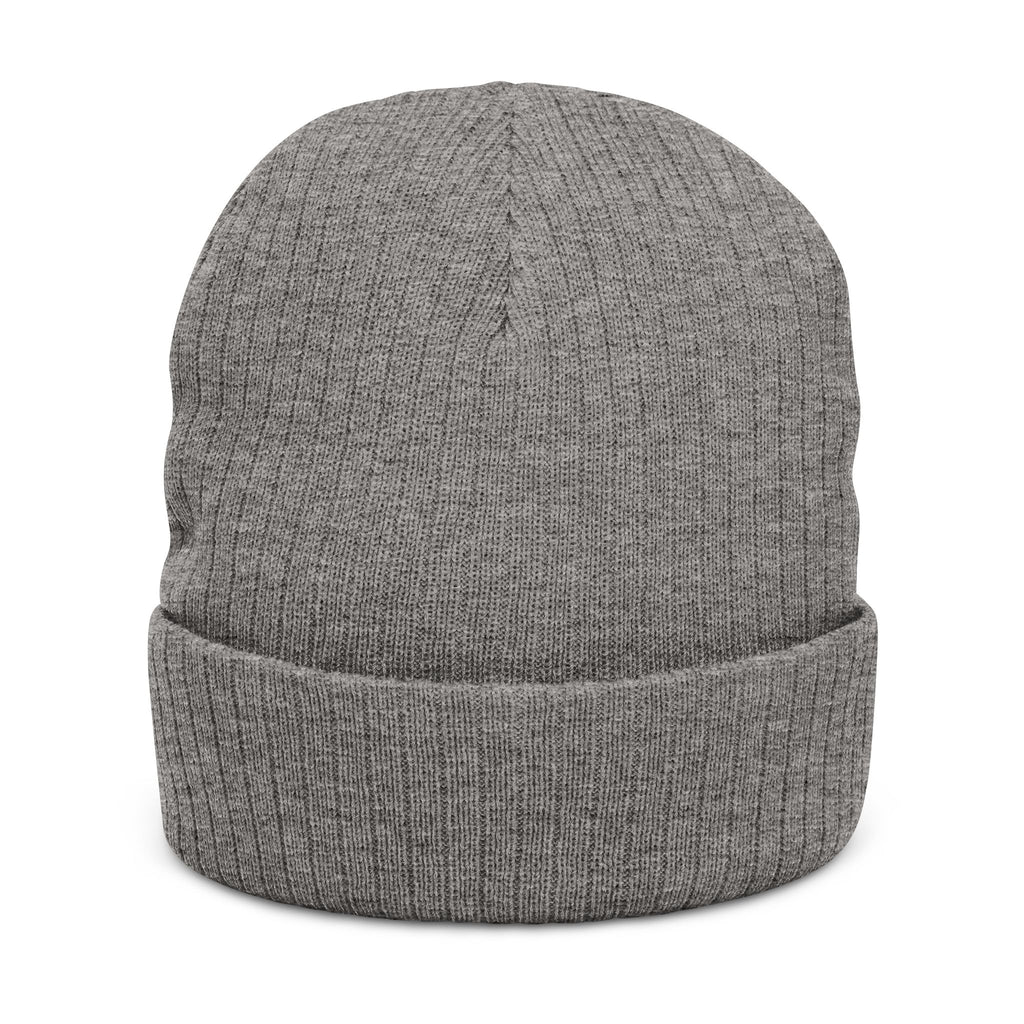 Embroidered Ribbed Beanie — Black Heavy Metal Logo Knit Hat