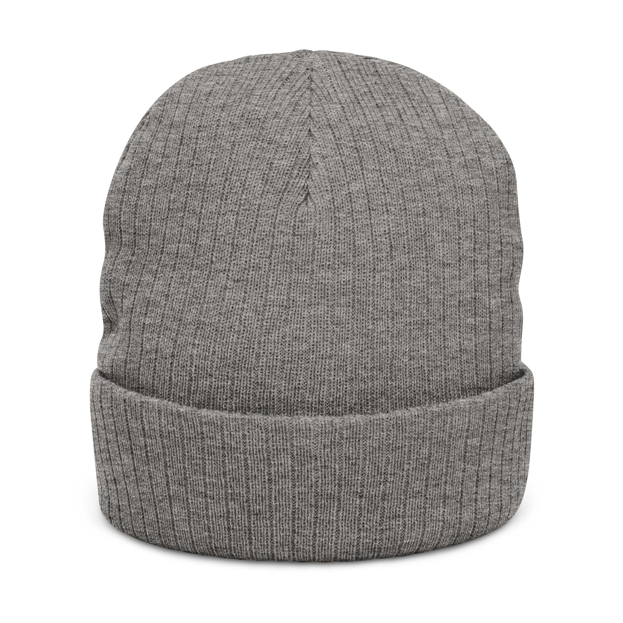 Embroidered Ribbed Beanie — Black Heavy Metal Logo Knit Hat