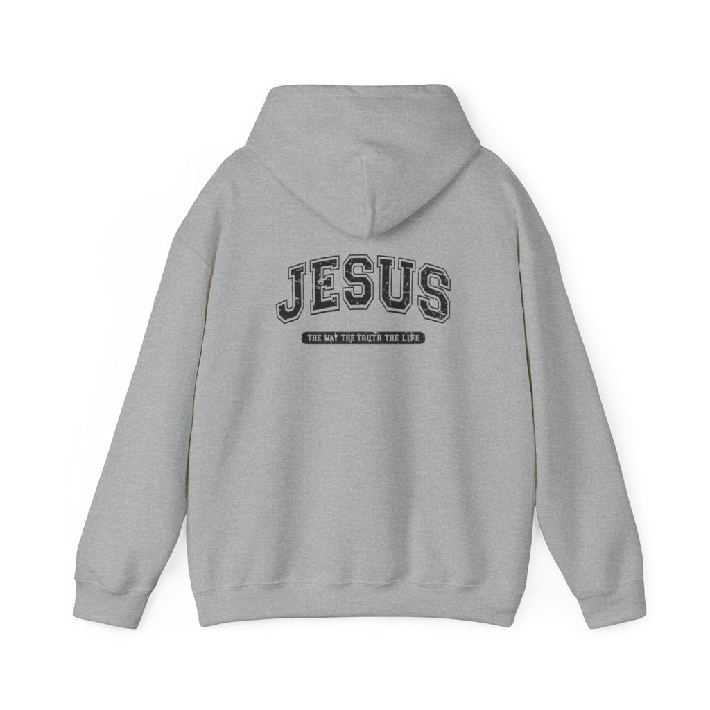 Jesus Cross Hoodie — Vintage Collegiate Faith Sweatshirt (Back: JESUS, Front Cross)