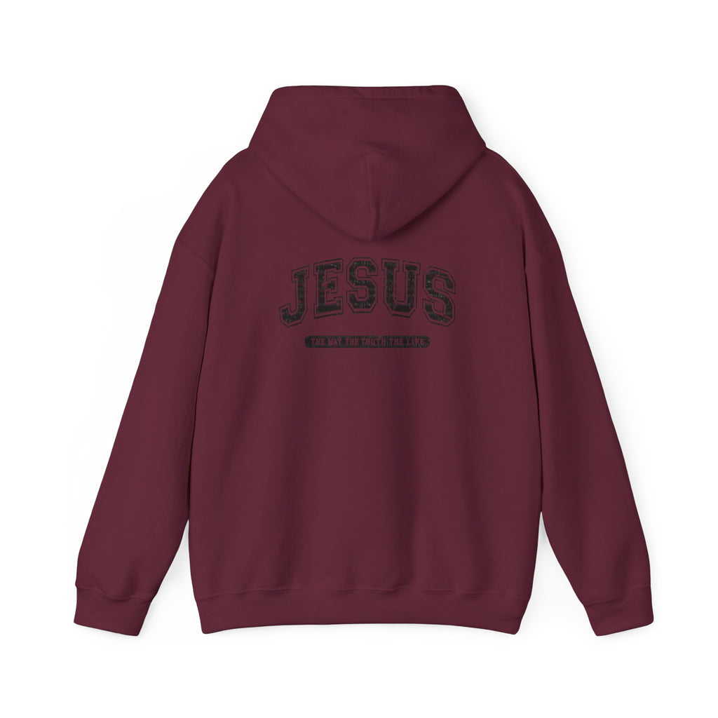 Jesus Cross Hoodie — Vintage Collegiate Faith Sweatshirt (Back: JESUS, Front Cross)