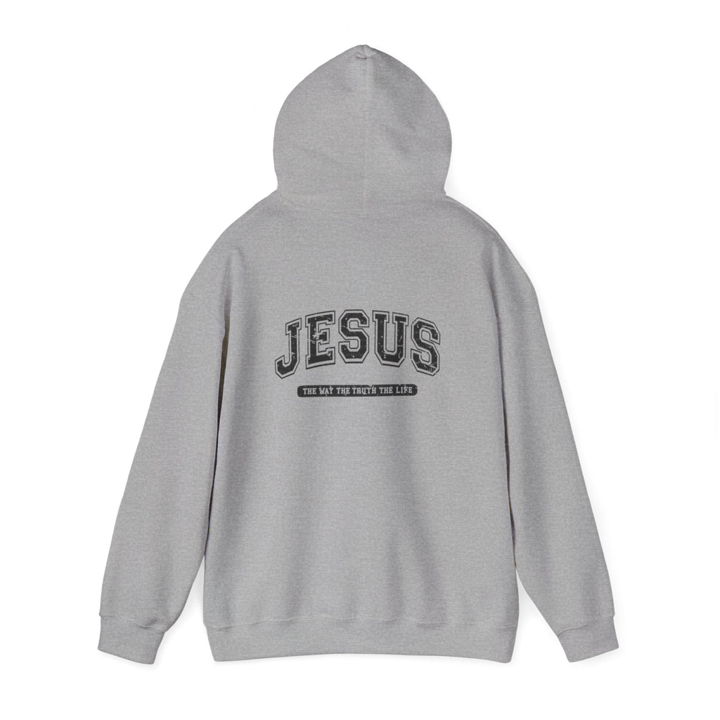 Jesus Cross Hoodie — Vintage Collegiate Faith Sweatshirt (Back: JESUS, Front Cross)