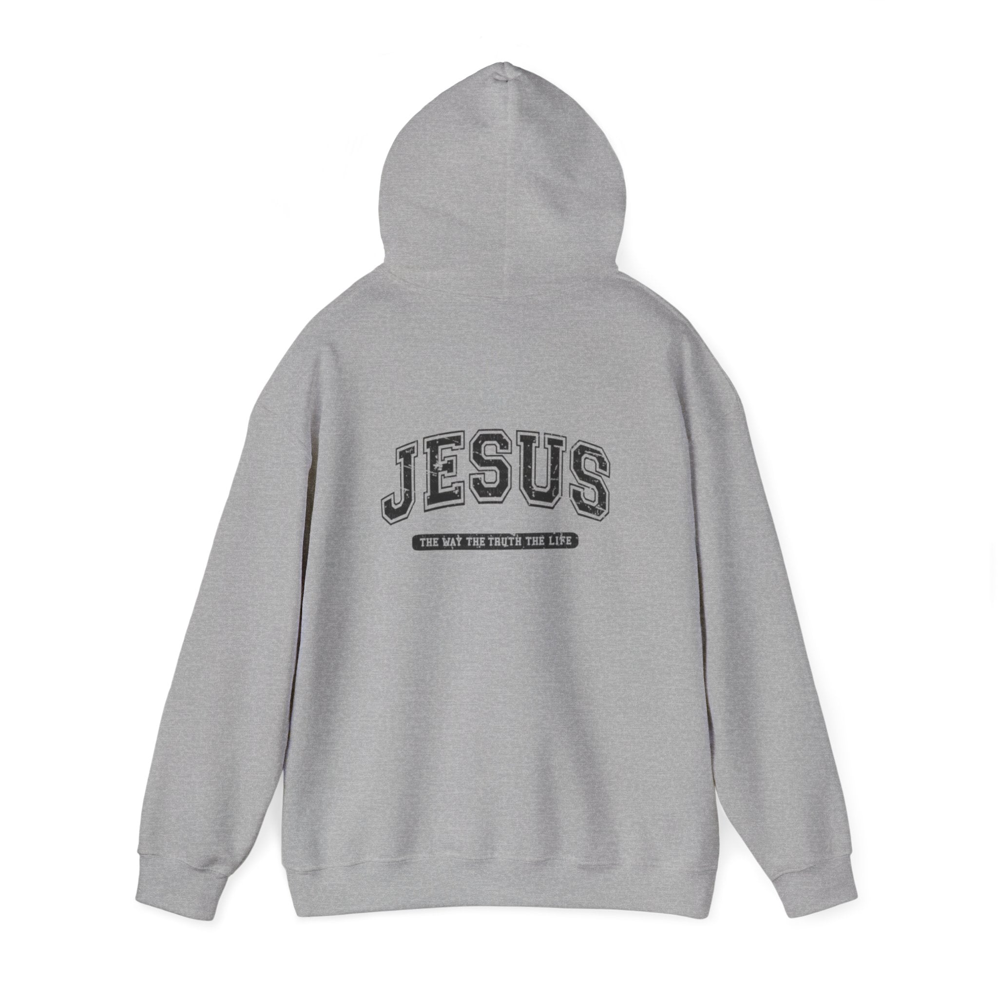 Jesus Cross Hoodie — Vintage Collegiate Faith Sweatshirt (Back: JESUS, Front Cross)