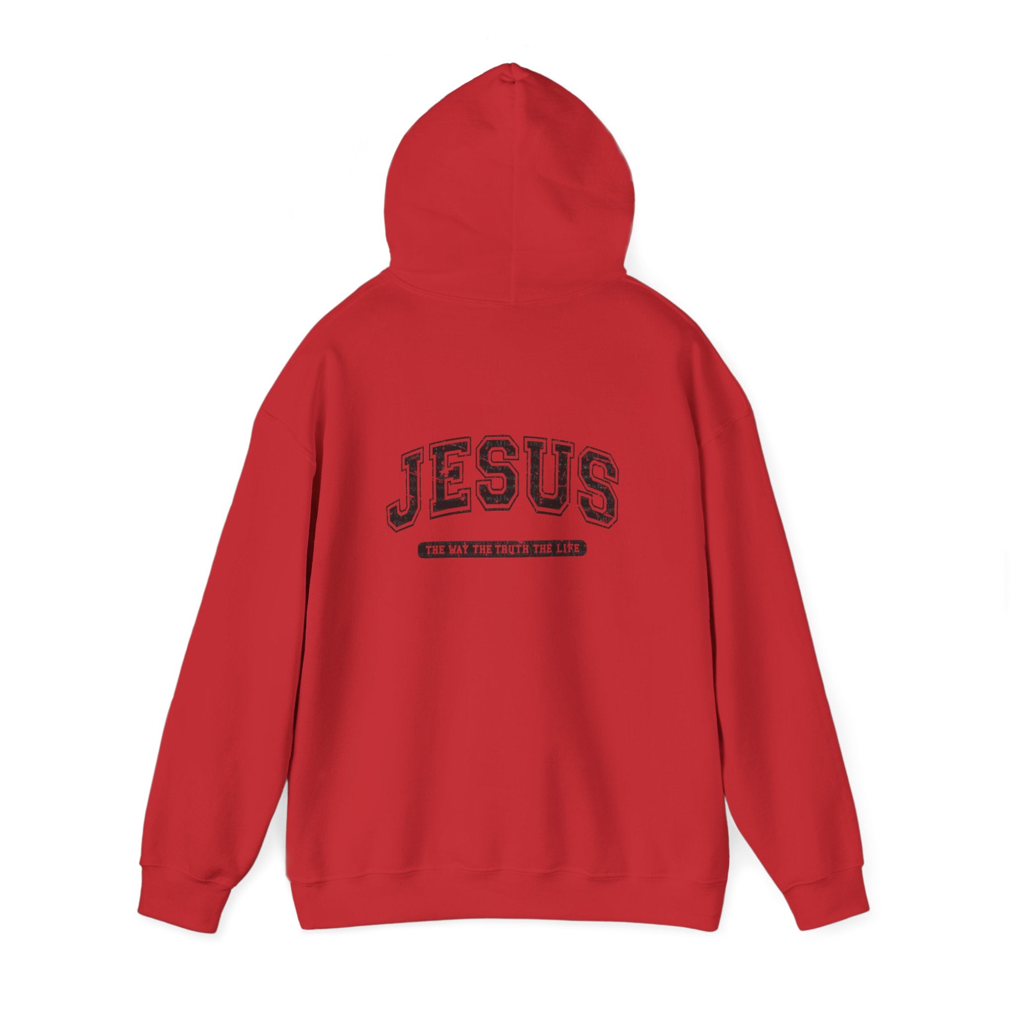 Jesus Cross Hoodie — Vintage Collegiate Faith Sweatshirt (Back: JESUS, Front Cross)