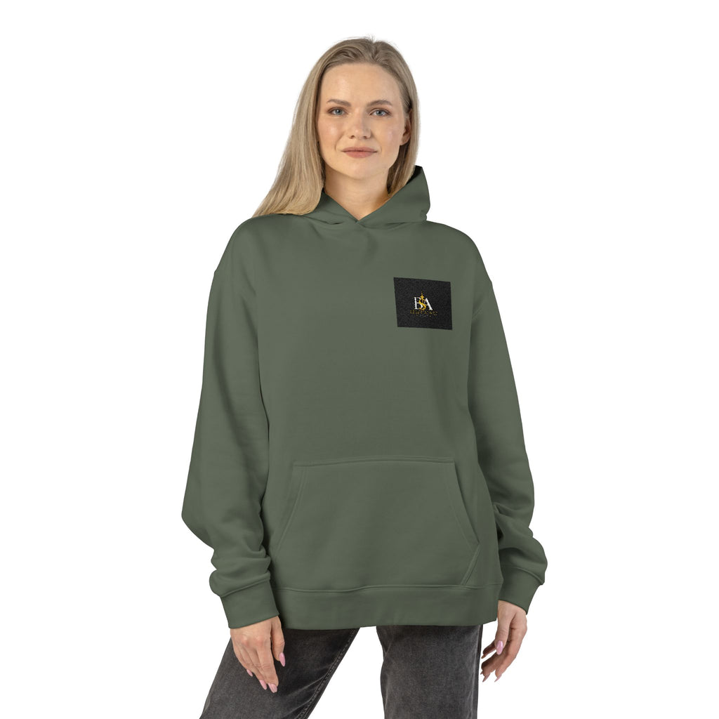 Relaxed Hoodie with Tiny Mountain Patch – Minimal Cozy Outdoor Graphic Hoodie