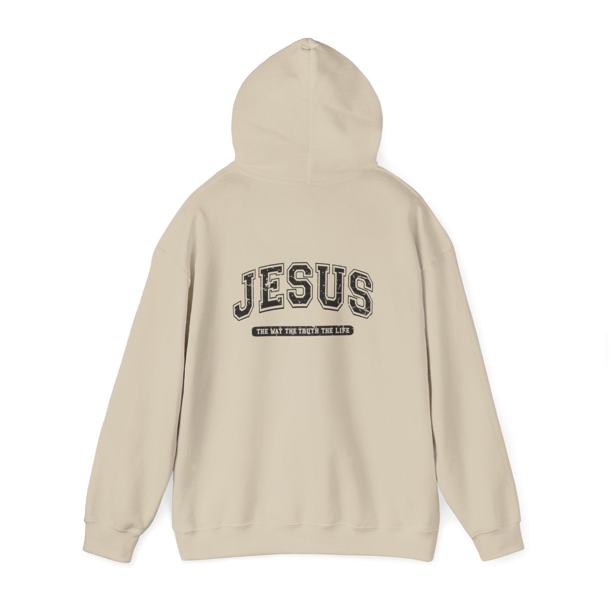 Jesus Cross Hoodie — Vintage Collegiate Faith Sweatshirt (Back: JESUS, Front Cross)