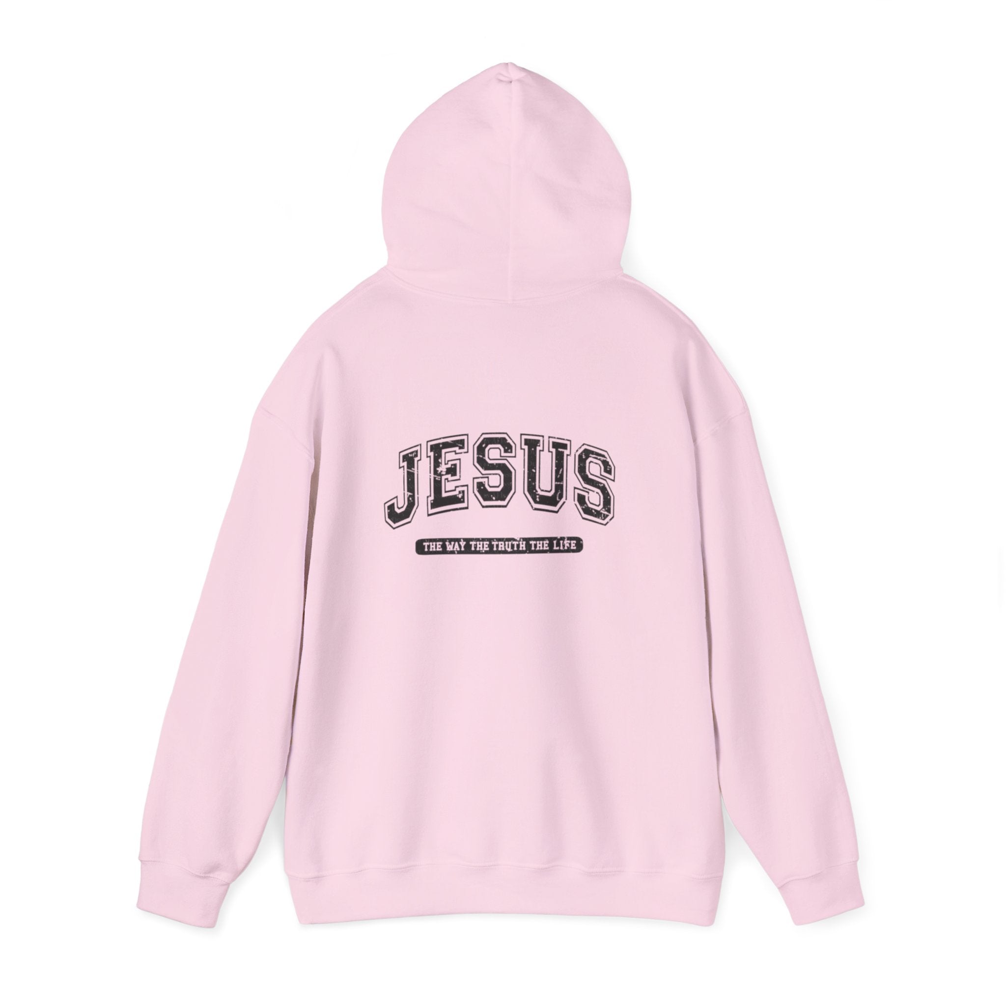 Jesus Cross Hoodie — Vintage Collegiate Faith Sweatshirt (Back: JESUS, Front Cross)