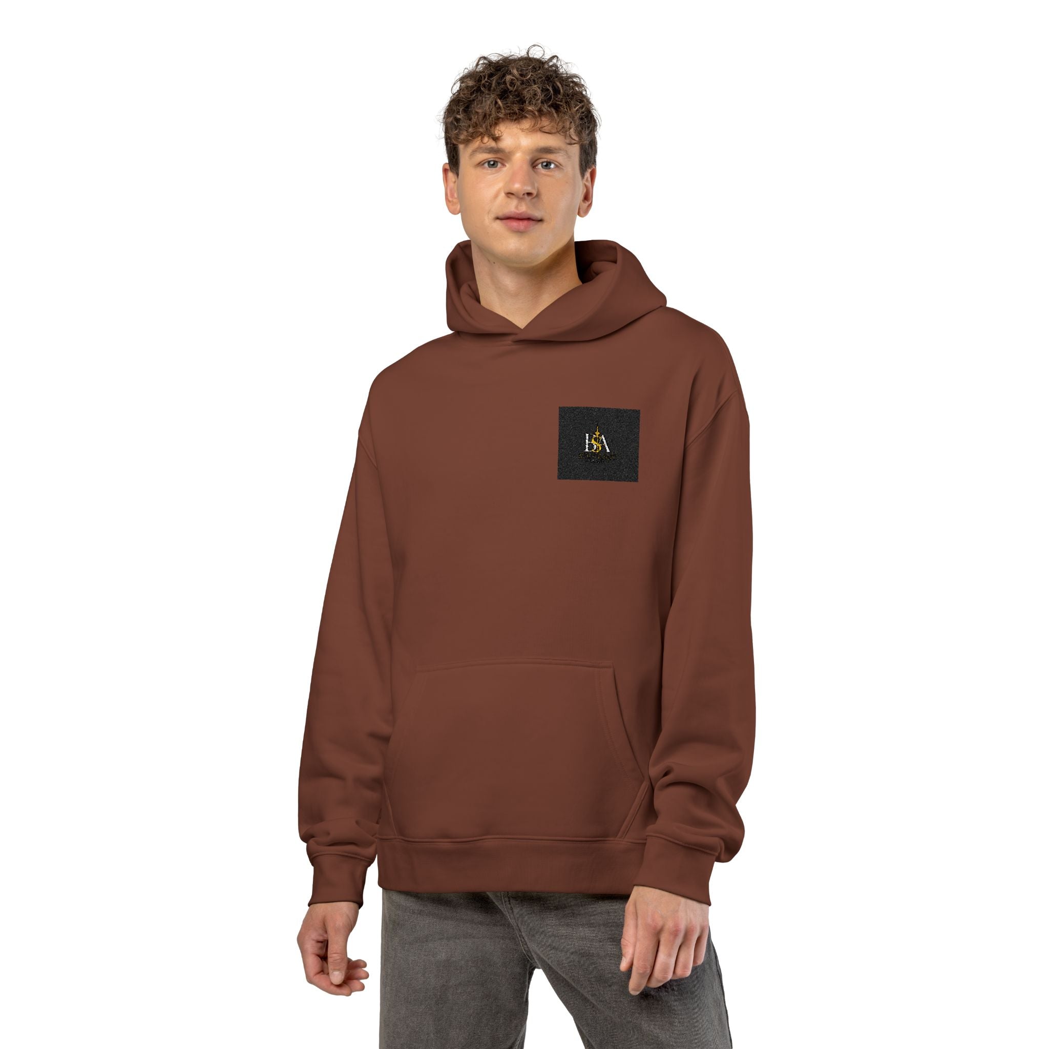Relaxed Hoodie with Tiny Mountain Patch – Minimal Cozy Outdoor Graphic Hoodie