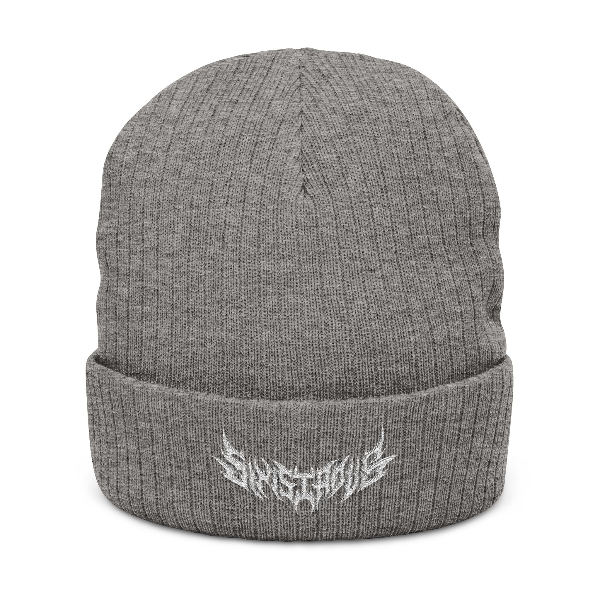 Embroidered Ribbed Beanie — Black Heavy Metal Logo Knit Hat