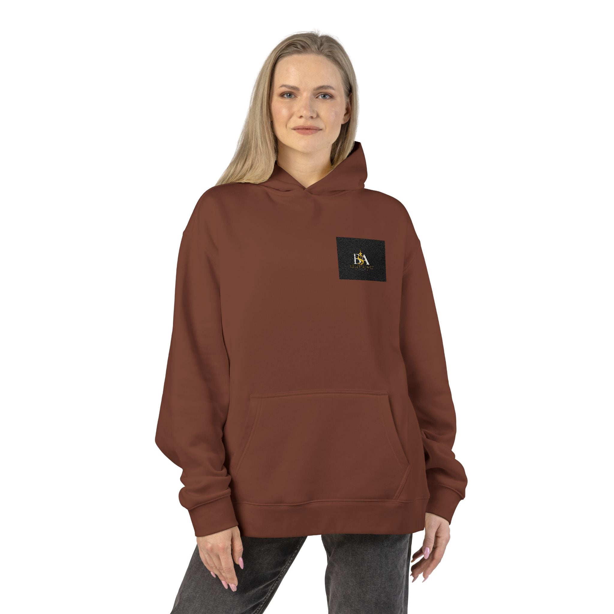 Relaxed Hoodie with Tiny Mountain Patch – Minimal Cozy Outdoor Graphic Hoodie