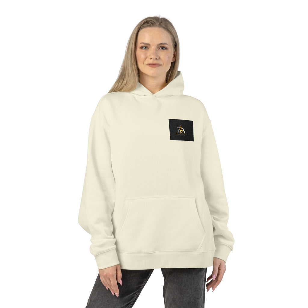 Relaxed Hoodie with Tiny Mountain Patch – Minimal Cozy Outdoor Graphic Hoodie