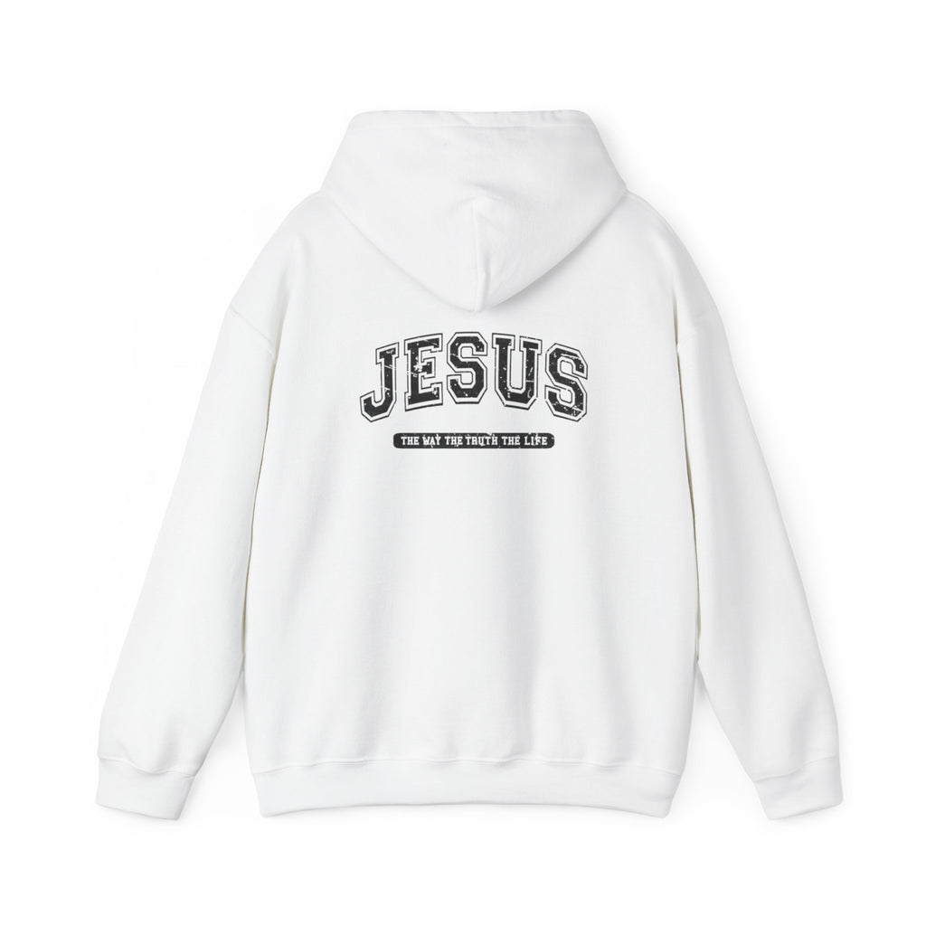 Jesus Cross Hoodie — Vintage Collegiate Faith Sweatshirt (Back: JESUS, Front Cross)