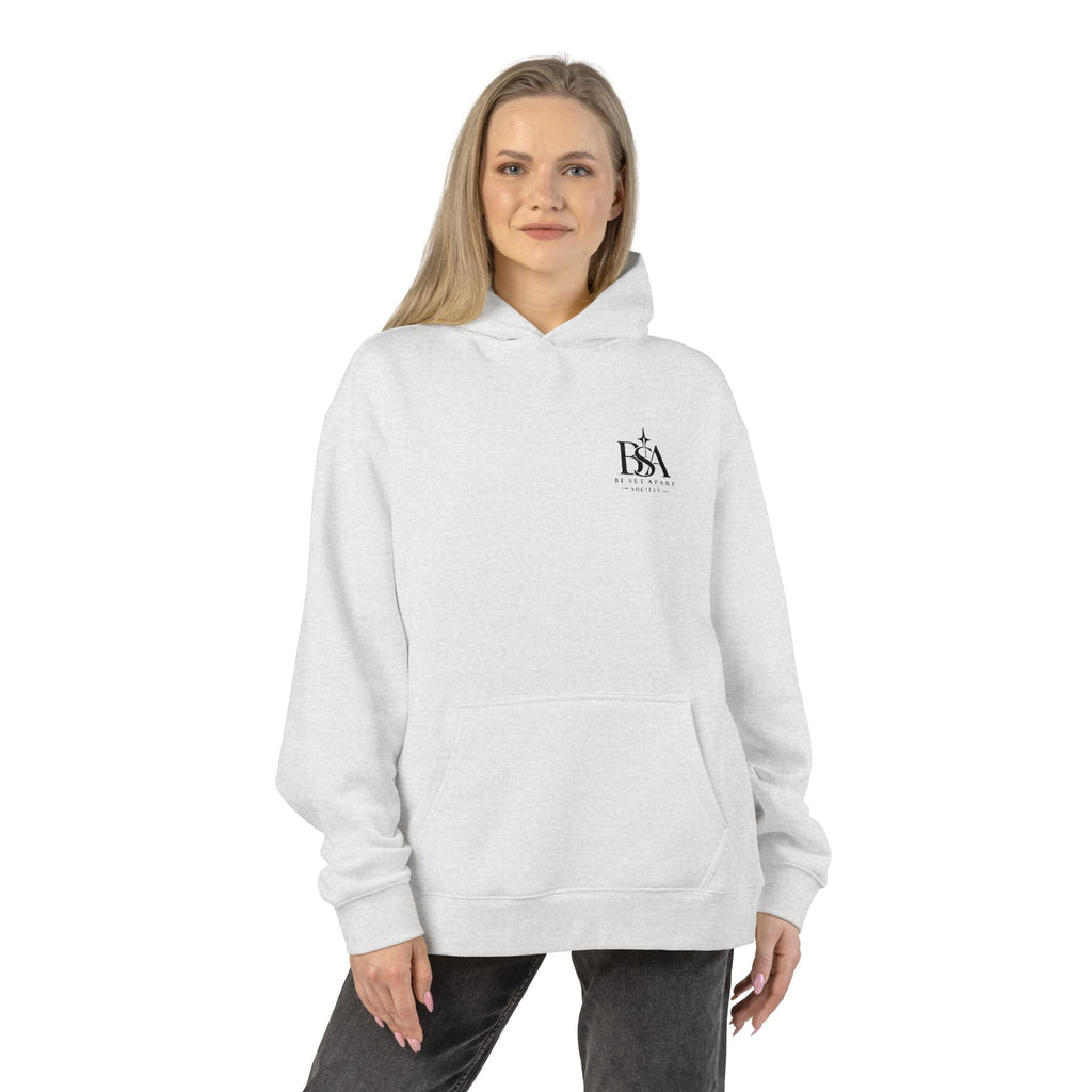 Relaxed Hoodie with Tiny Mountain Patch – Minimal Cozy Outdoor Graphic Hoodie