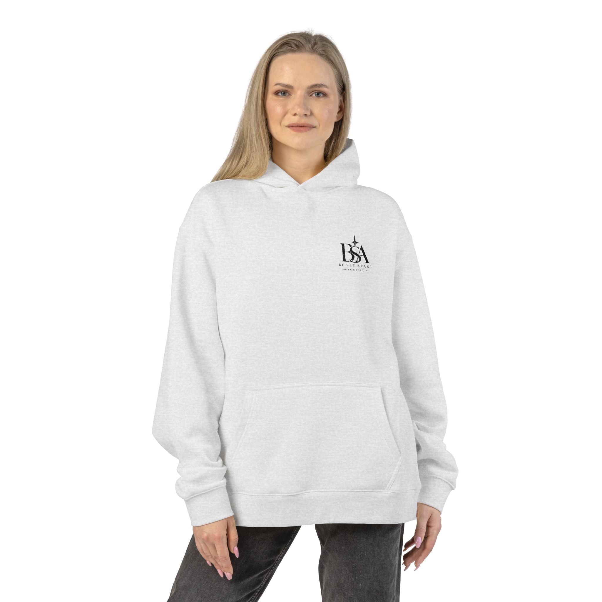 Relaxed Hoodie with Tiny Mountain Patch – Minimal Cozy Outdoor Graphic Hoodie