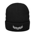 Embroidered Ribbed Beanie — Black Heavy Metal Logo Knit Hat