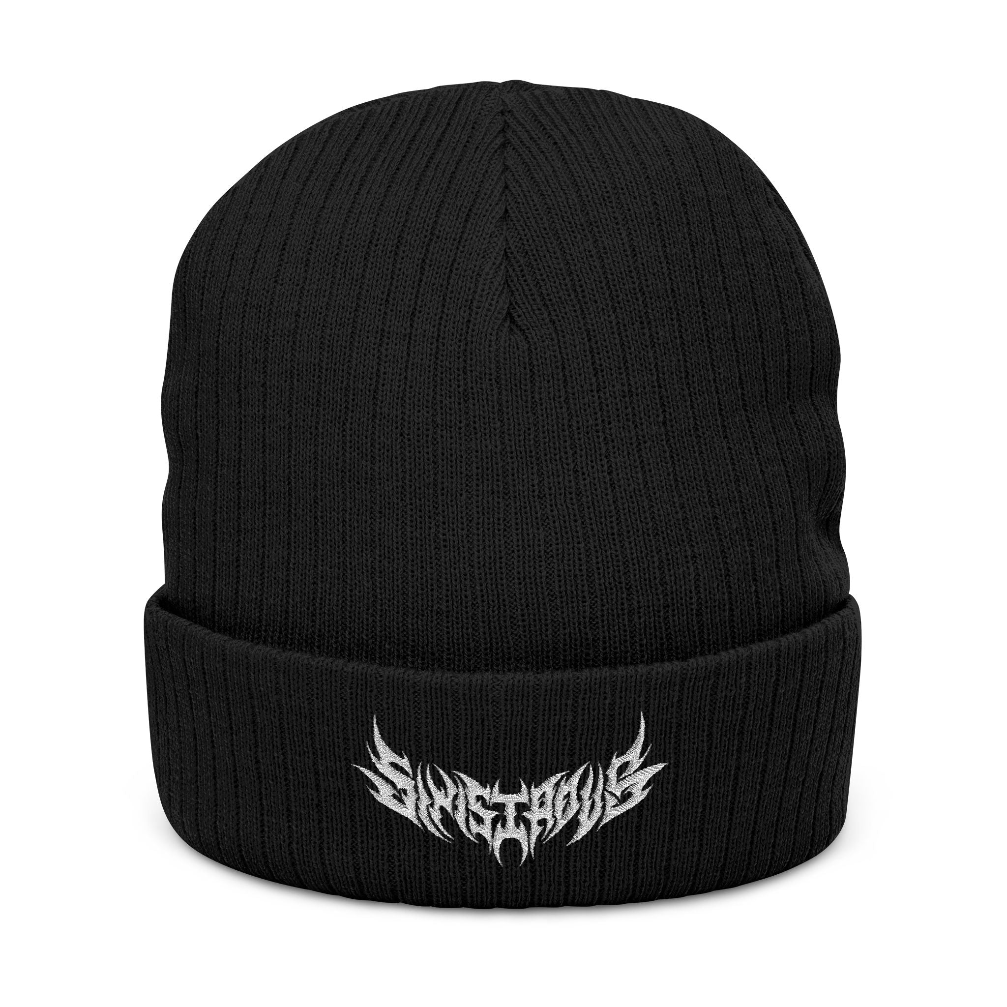 Embroidered Ribbed Beanie — Black Heavy Metal Logo Knit Hat