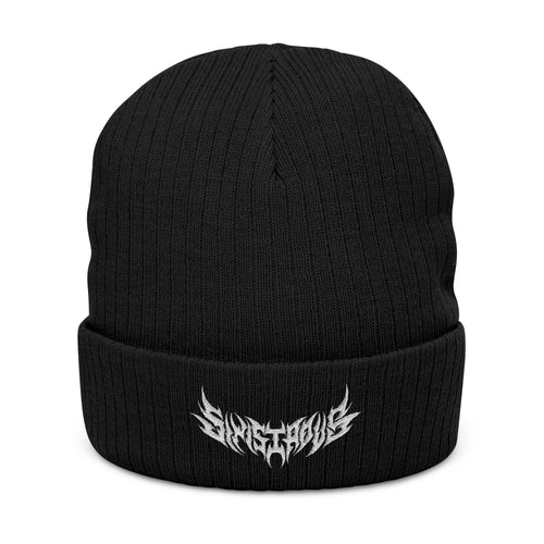 Embroidered Ribbed Beanie — Black Heavy Metal Logo Knit Hat
