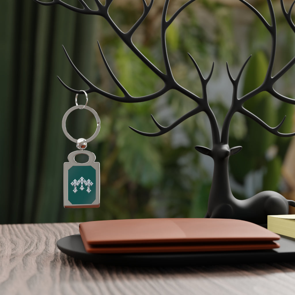 Engraved Rectangle Photo Keyring — Customizable Silver Keychain with Emerald Inset