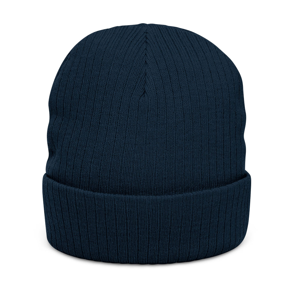 Embroidered Ribbed Beanie — Black Heavy Metal Logo Knit Hat