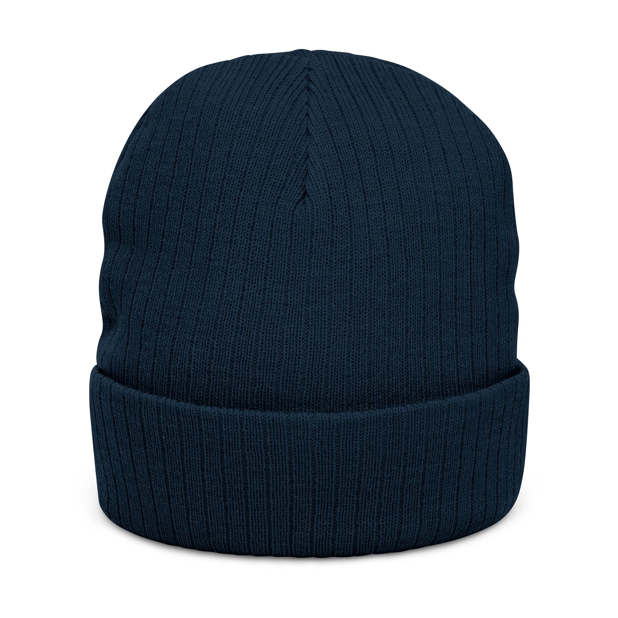 Embroidered Ribbed Beanie — Black Heavy Metal Logo Knit Hat
