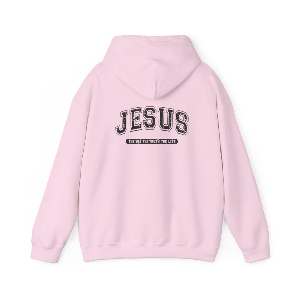Jesus Cross Hoodie — Vintage Collegiate Faith Sweatshirt (Back: JESUS, Front Cross)