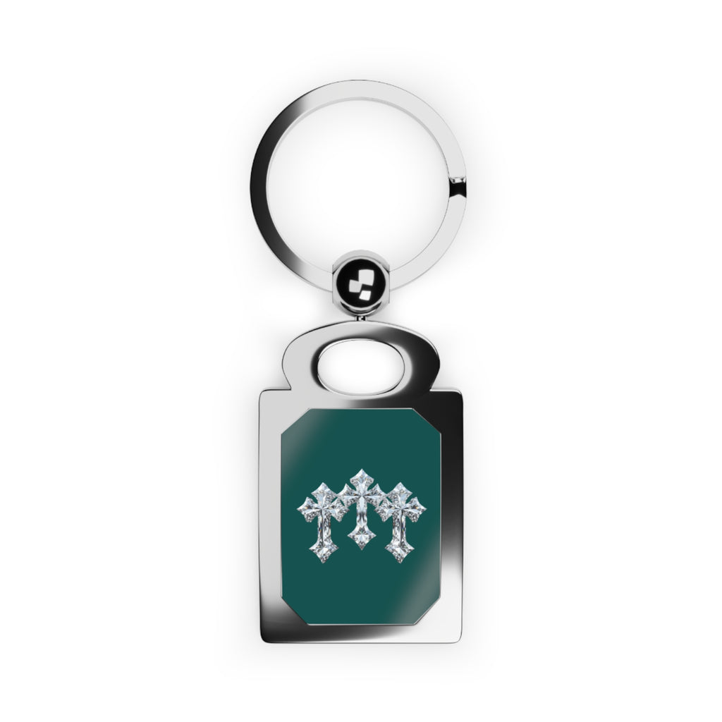 Engraved Rectangle Photo Keyring — Customizable Silver Keychain with Emerald Inset