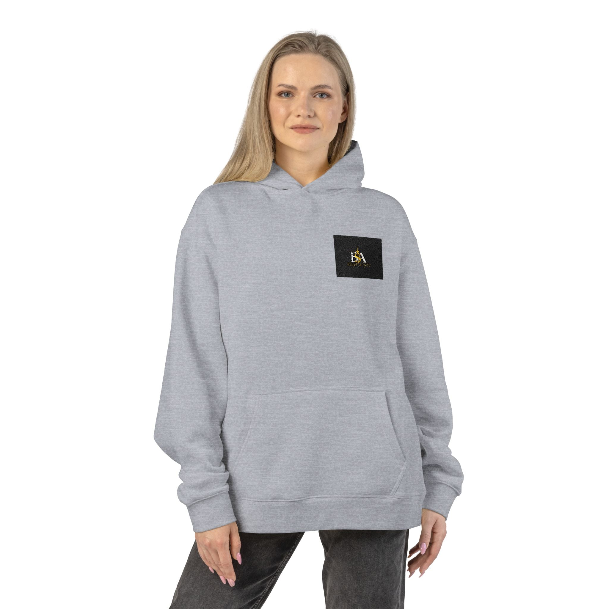 Relaxed Hoodie with Tiny Mountain Patch – Minimal Cozy Outdoor Graphic Hoodie