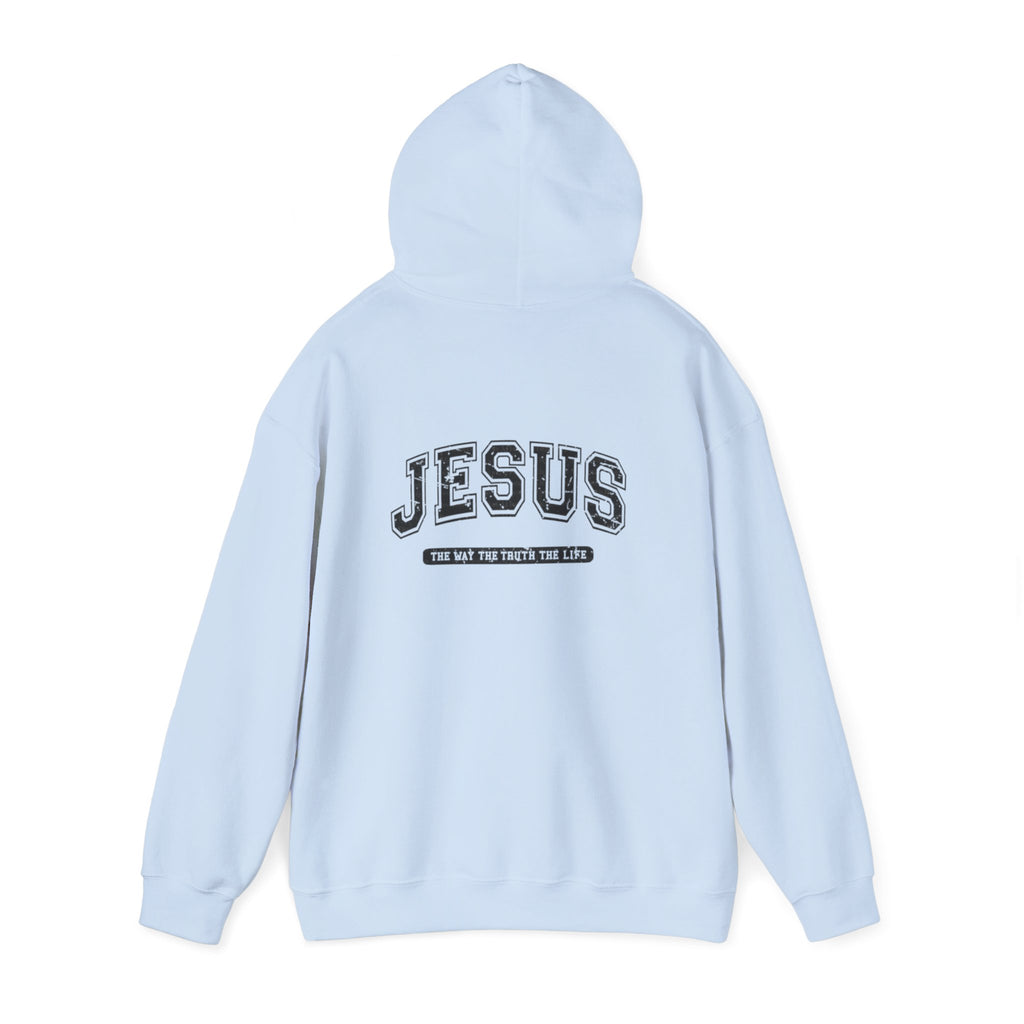 Jesus Cross Hoodie — Vintage Collegiate Faith Sweatshirt (Back: JESUS, Front Cross)