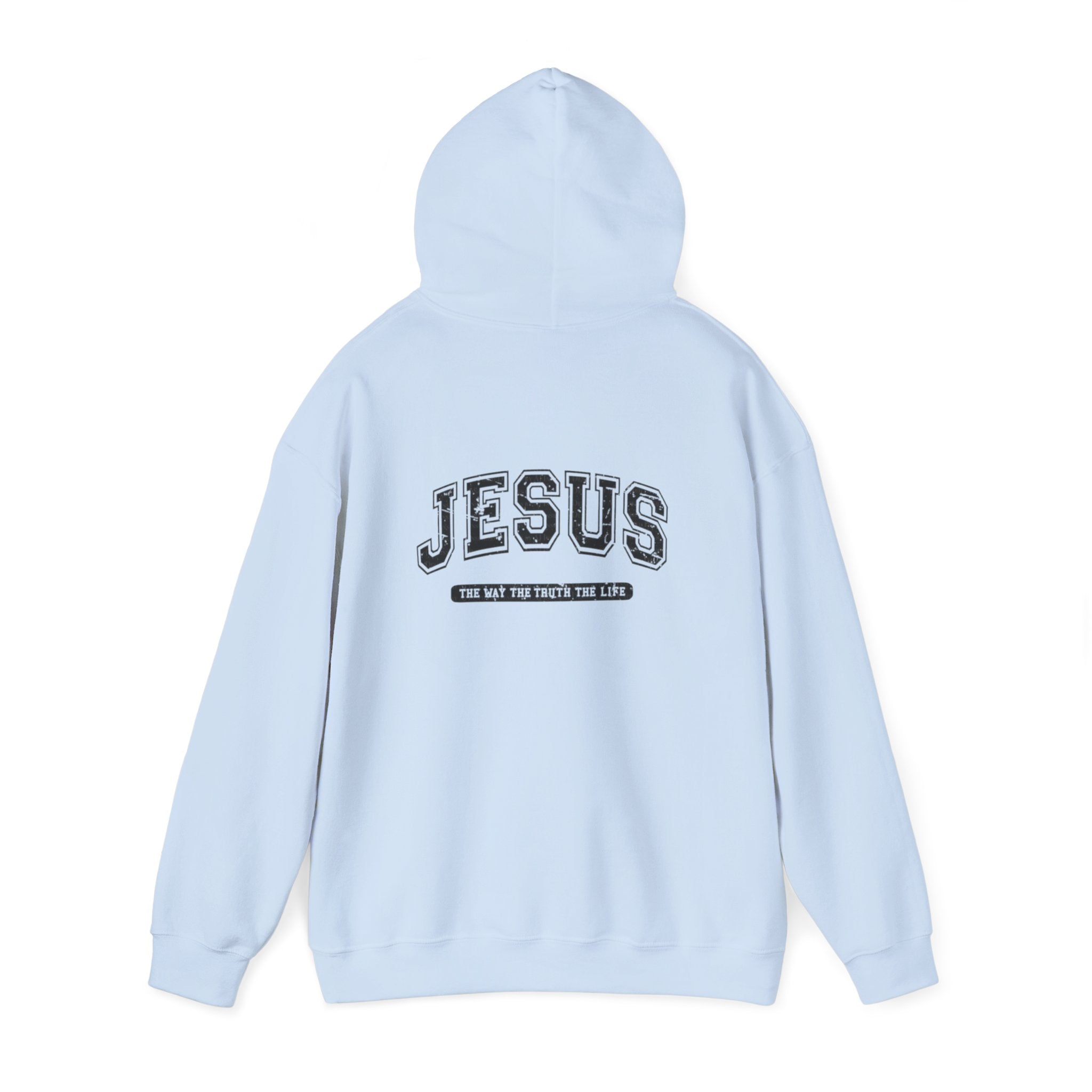 Jesus Cross Hoodie — Vintage Collegiate Faith Sweatshirt (Back: JESUS, Front Cross)