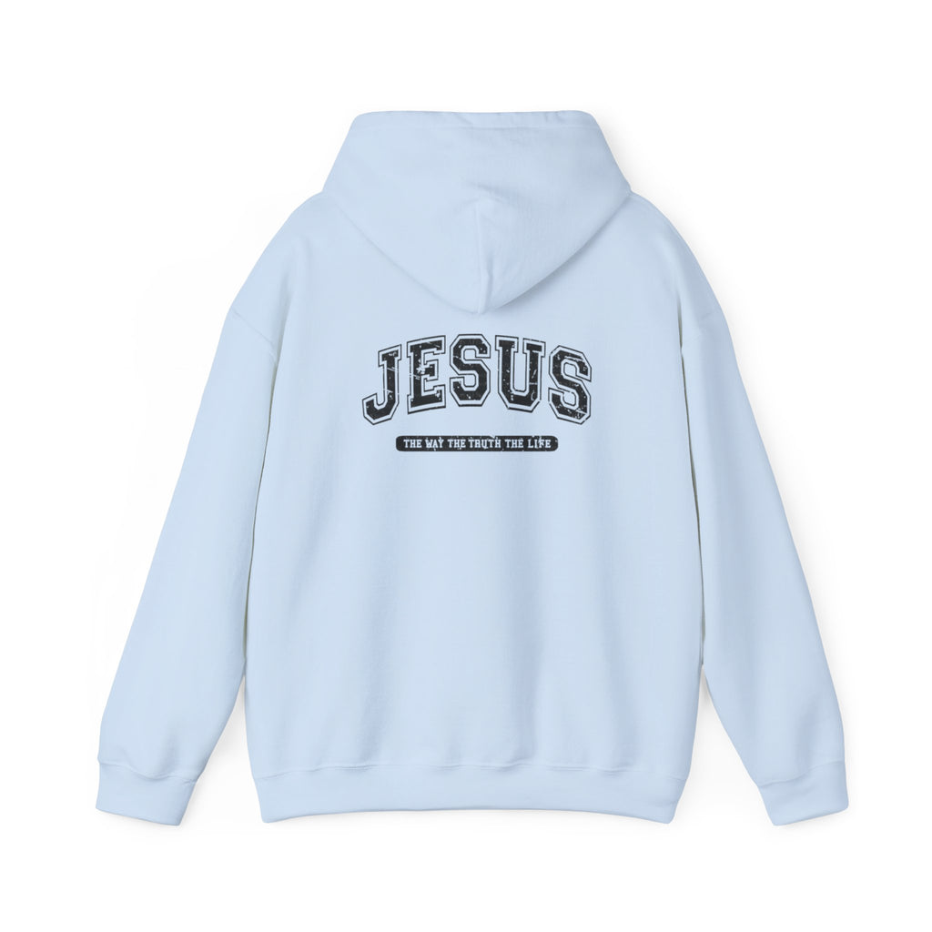 Jesus Cross Hoodie — Vintage Collegiate Faith Sweatshirt (Back: JESUS, Front Cross)