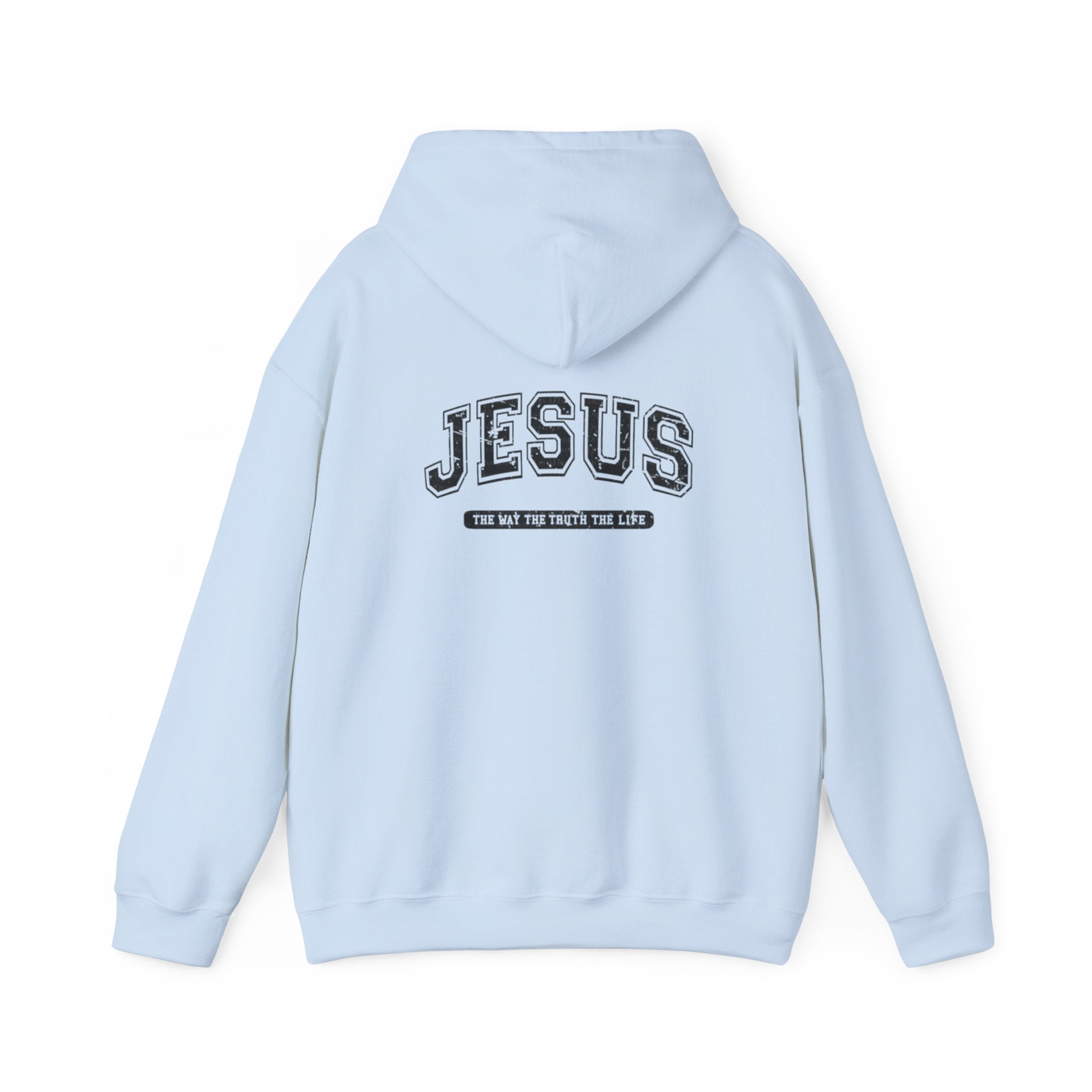 Jesus Cross Hoodie — Vintage Collegiate Faith Sweatshirt (Back: JESUS, Front Cross)